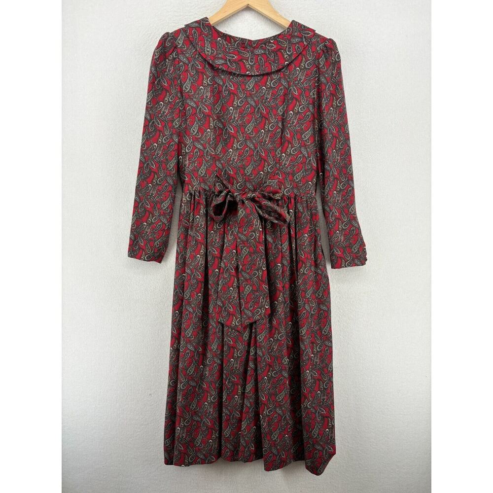 CAPE COD Dress 9 Paisley Collared Fit & Flare 90s Midi Long Sleeve Pads Red Vtg
